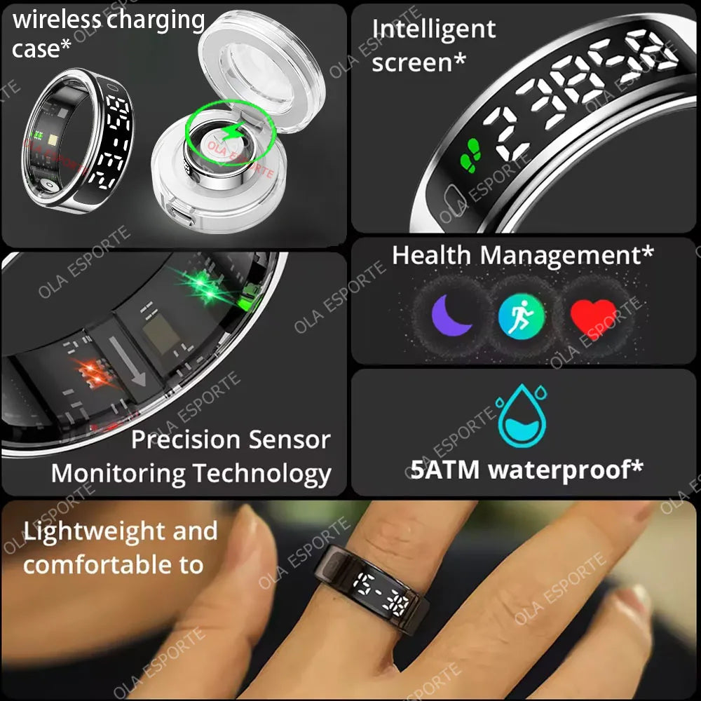 Anillo inteligente pantalla táctil LED Monitor de salud Control de gestos estuche de carga inalámbrica anillo deportivo impermeable hombres mujeres 2025