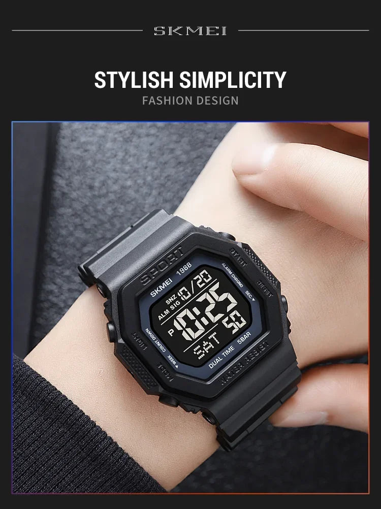 Reloj deportivo Digital SKMEI 1988 para Hombre, pantalla LED, relojes de pulsera militares con cuenta atrás, Reloj impermeable para Hombre 1628