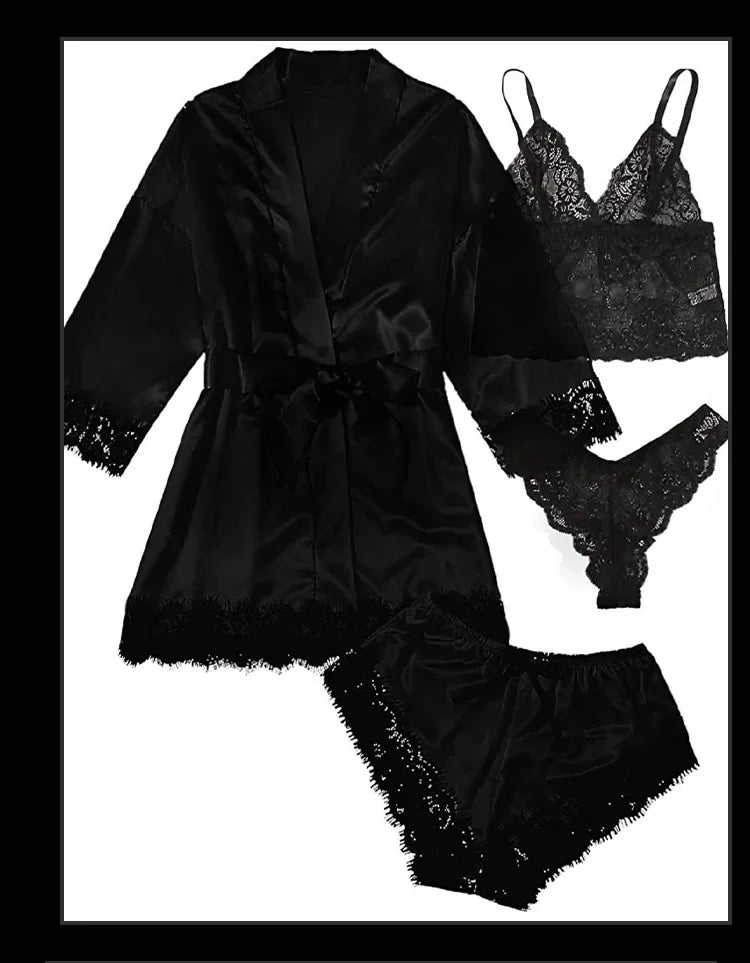 4 piezas ropa de dormir para mujer pijamas Ser con bata lencería de encaje Sexy Albornoz satén de seda ropa de dormir para el hogar bata