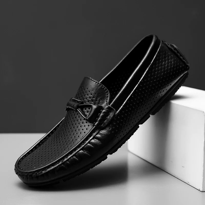 Mocasines de cuero genuino sin cordones para hombre, elaborados a mano
