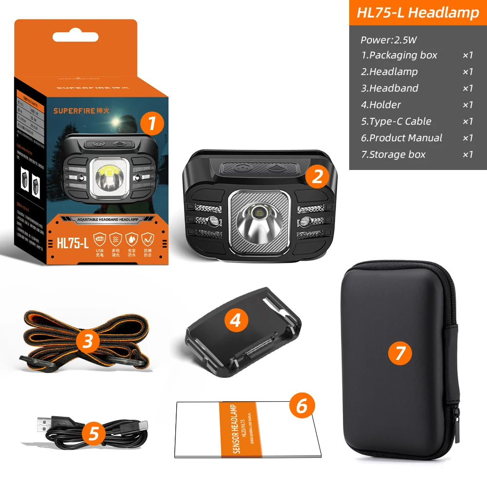 Linterna Frontal LED SUPERFIRE HL75 Recargable USB-C con Sensor