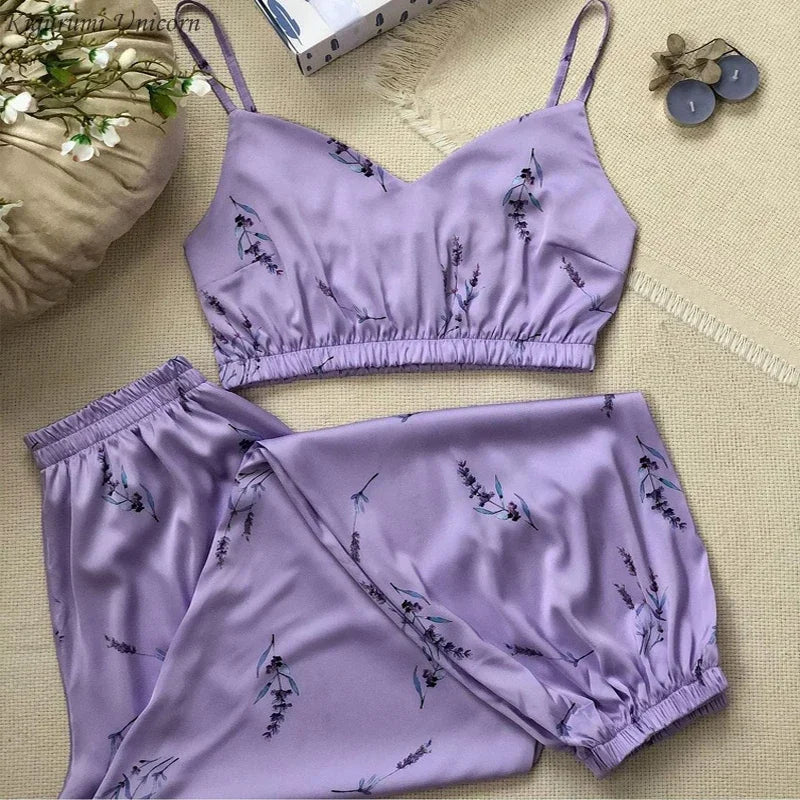 Conjunto de pijamas de seda sintética satinada para mujer, Top con tirantes y pantalones, ropa de dormir con estampado Floral, ropa de dormir de otoño para el hogar, bata de S-XXL