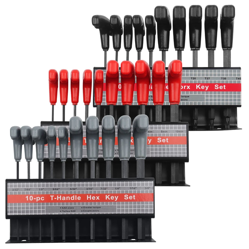 Juego de 10 llaves Allen con mango en T métricas, SAE o Torx con soporte