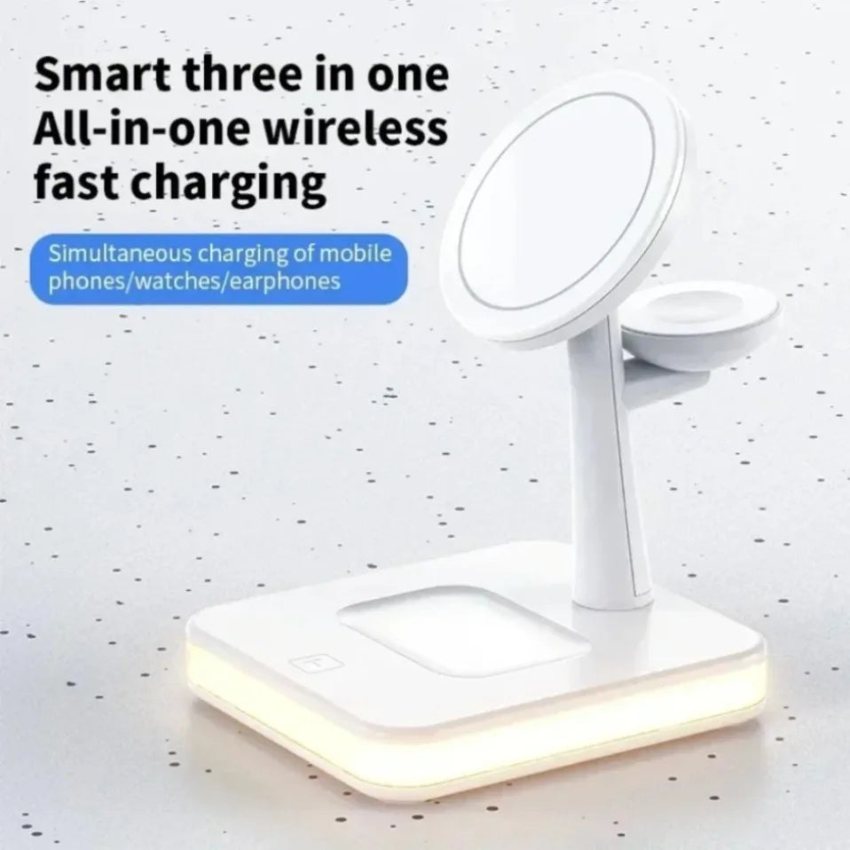 Base de Carga Inalámbrica Magnética 3 en 1 con LED para Escritorio, Compatible con iPhone 17~12 Pro Max, Airpods Pro y Apple Watch, Estación de Carga Rápida