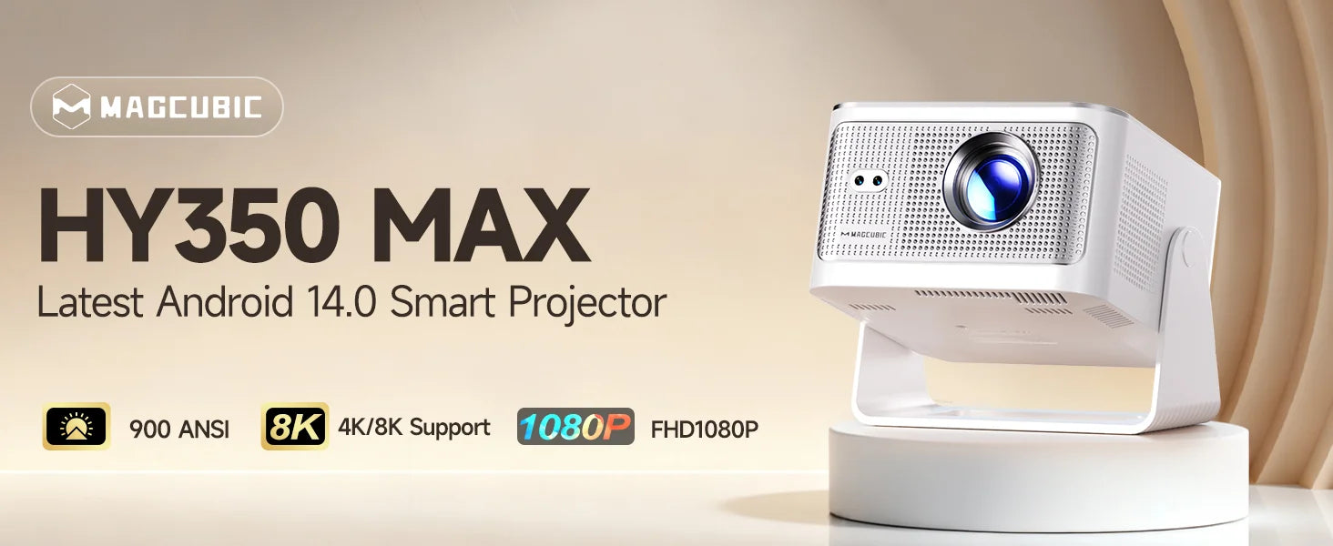 Proyector Magcubic 900ANSI con Enfoque Automático, 8K Nativo, 1080P, Android 14, Wifi 6, BT 5.4, HY350Max, para Películas, Uso en Exteriores, Proyección Multiángulo