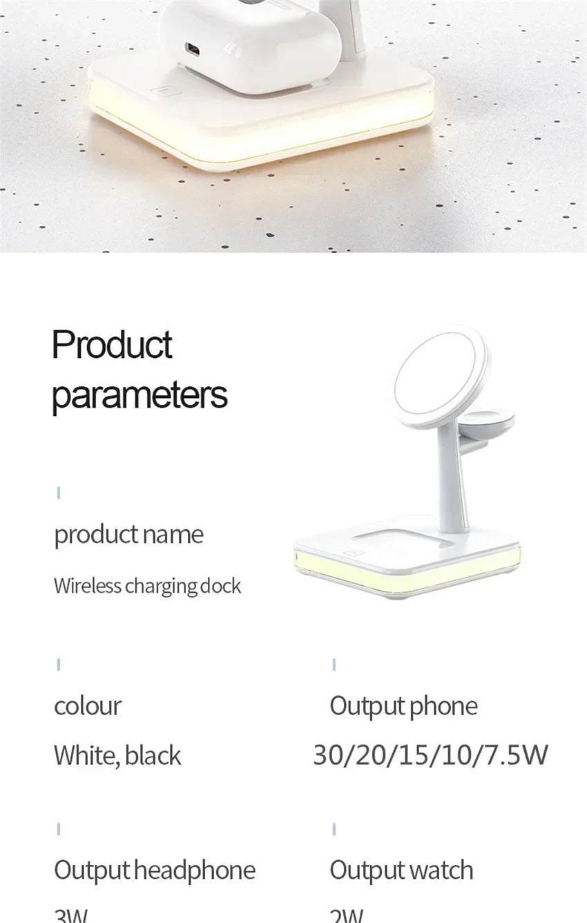 Base de Carga Inalámbrica Magnética 3 en 1 con LED para Escritorio, Compatible con iPhone 17~12 Pro Max, Airpods Pro y Apple Watch, Estación de Carga Rápida