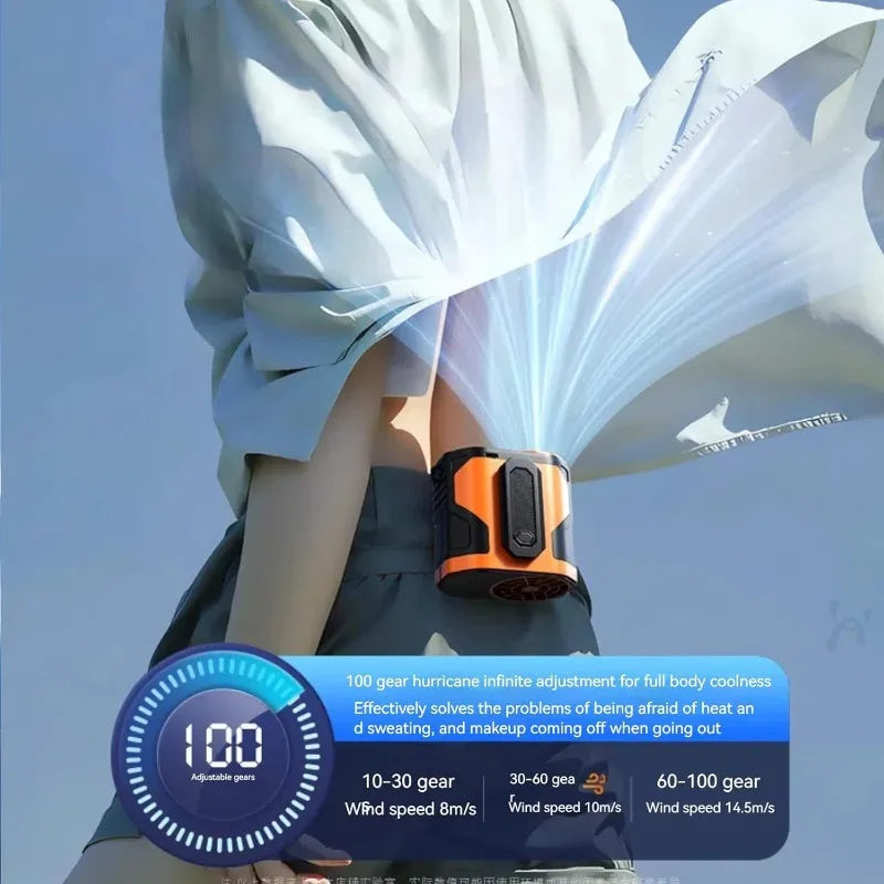 Ventilador con Clip para Cintura, 100 Velocidades, Pantalla Inteligente de Energía, Batería de 72H, Linterna LED, Luz de Advertencia, Carga Tipo-C, Gris