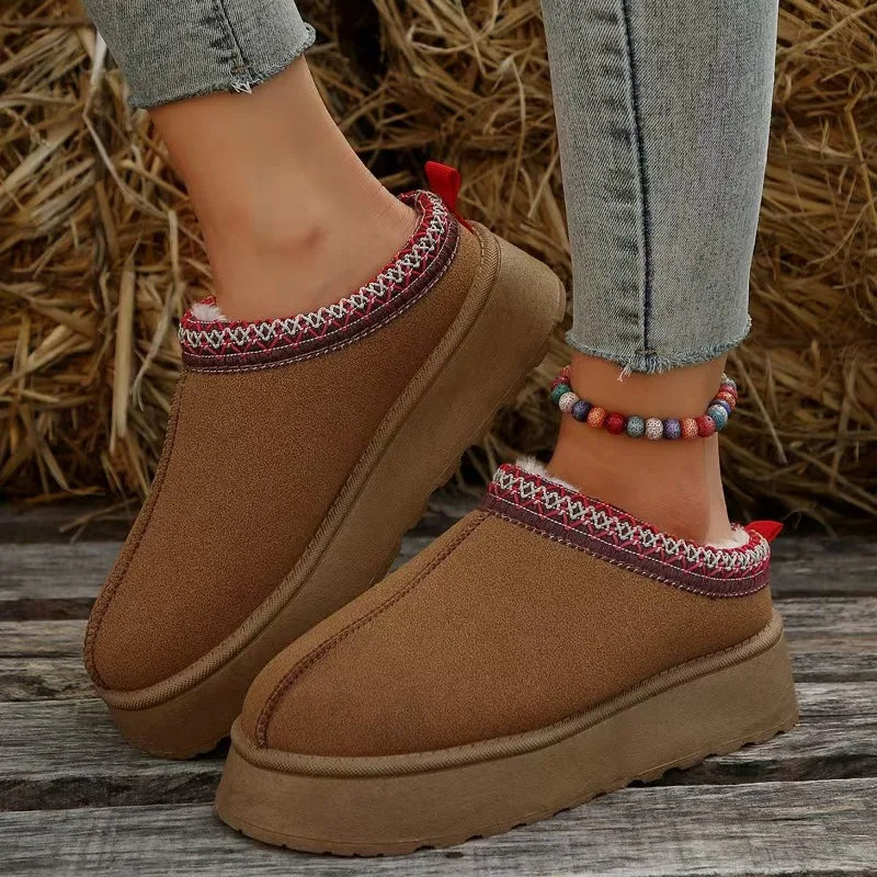Zuecos de plataforma unisex con ribete étnico y forro de piel sintética
