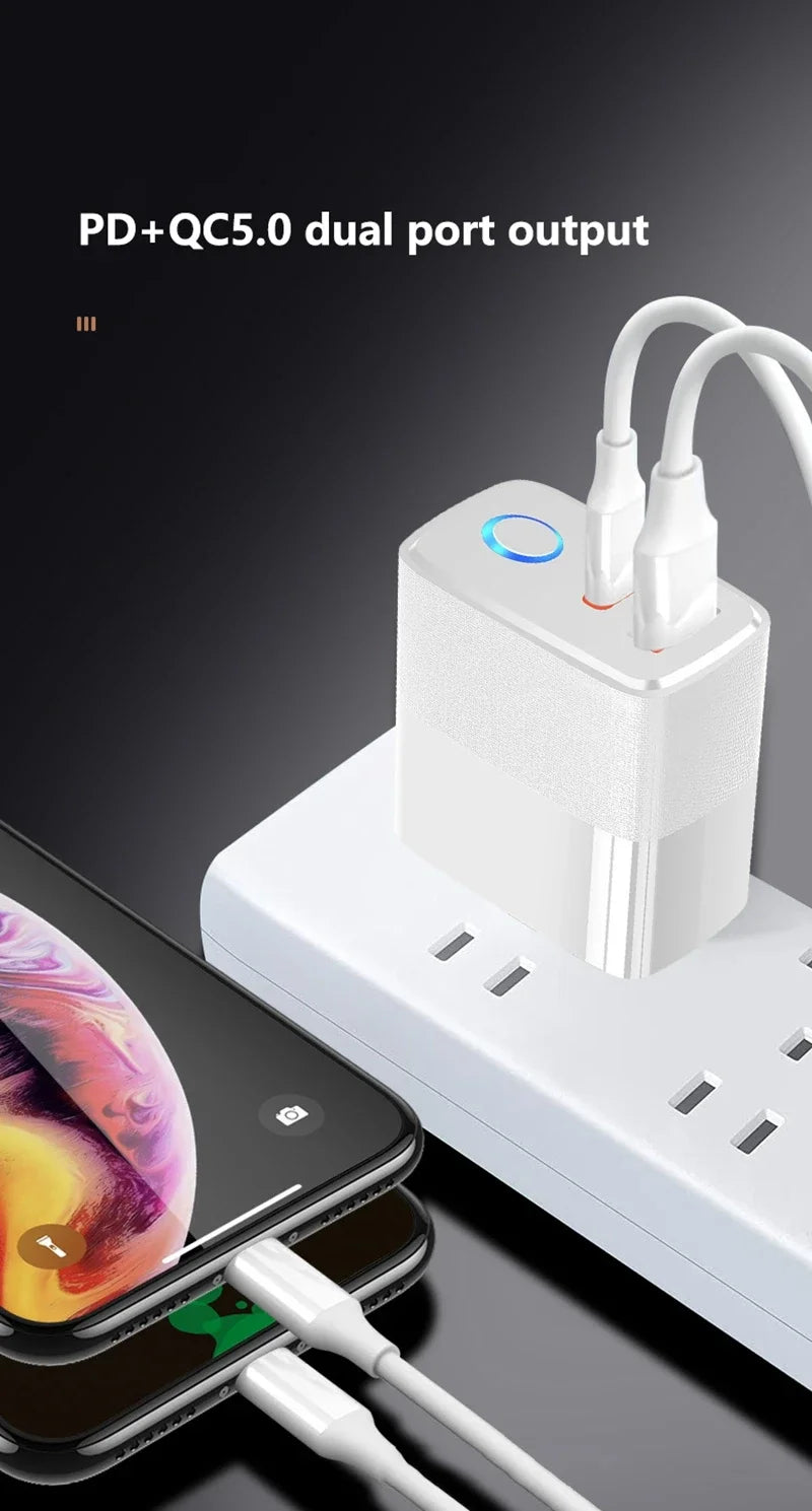 Cargador Rápido Doble Puerto PD+QC5.0 con Indicador LED