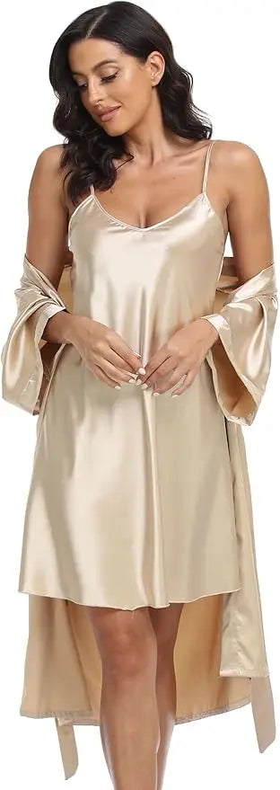 Conjunto de pijamas de seda de lujo para mujer, bata de manga larga, falda holgada cómoda, pijamas para mujer, conjunto de dos piezas