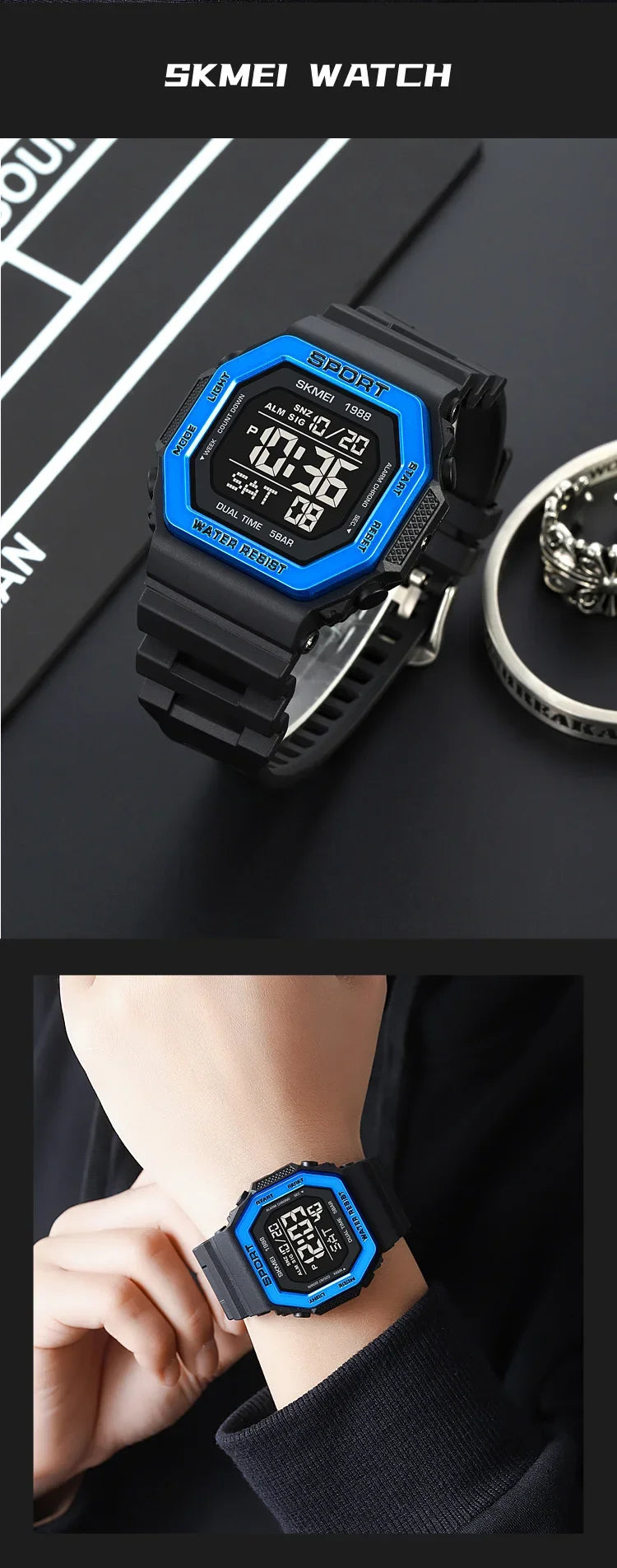 Reloj deportivo Digital SKMEI 1988 para Hombre, pantalla LED, relojes de pulsera militares con cuenta atrás, Reloj impermeable para Hombre 1628