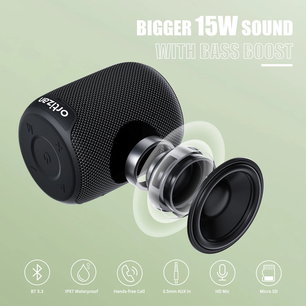 Altavoces Bluetooth Ortizan, altavoz inalámbrico portátil con Bluetooth 5.3, resistente al agua IPX7, sonido estéreo de 15 W, emparejamiento dual, TF/AUX
