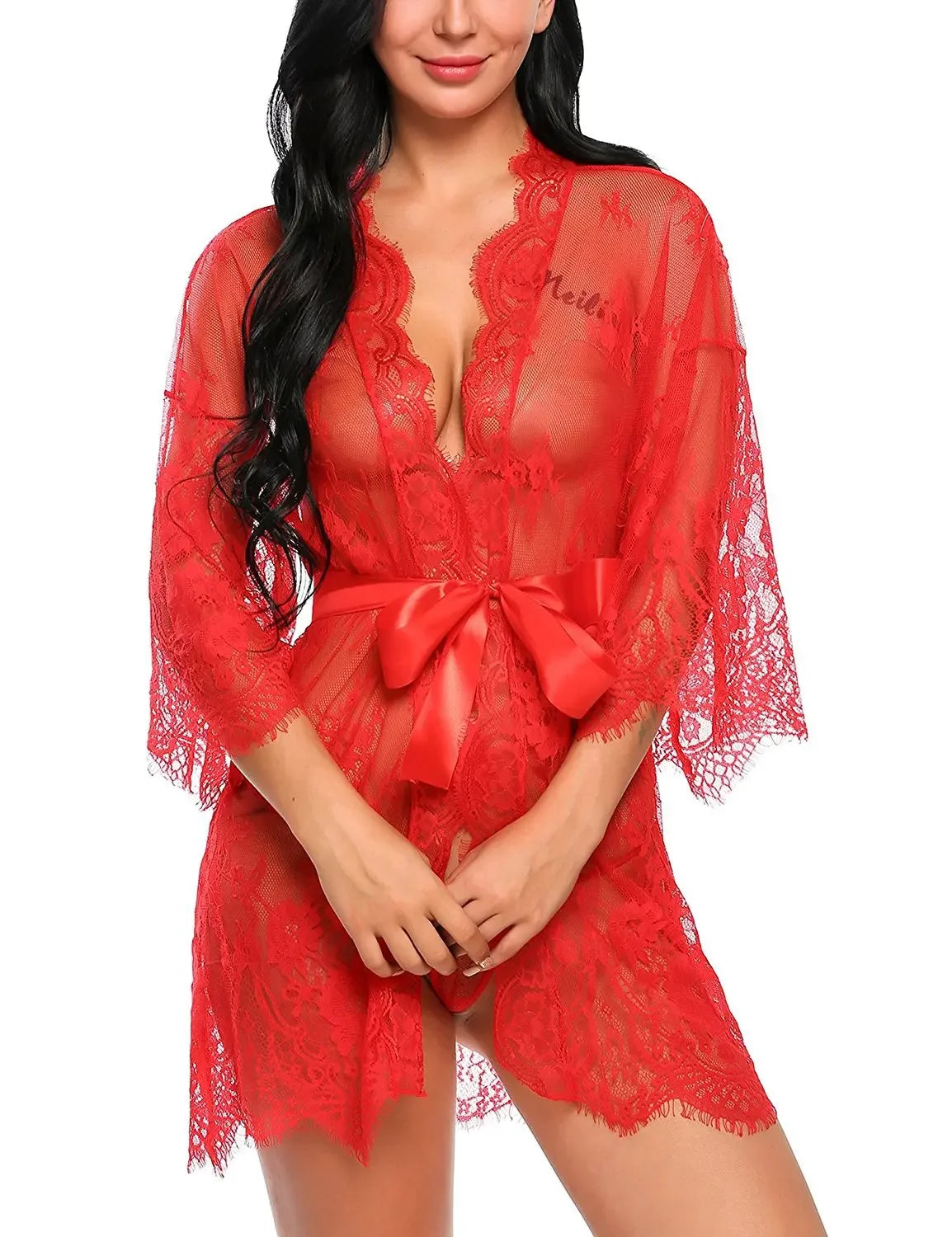 Babydoll Transparente con Cuello en V, Tanga de Encaje para Mujer
