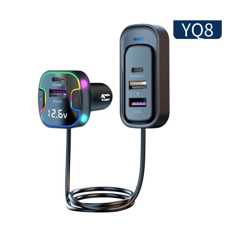 Cargador de Auto PD30W 5 Puertos con USB-C y Extensión para Asientos Traseros