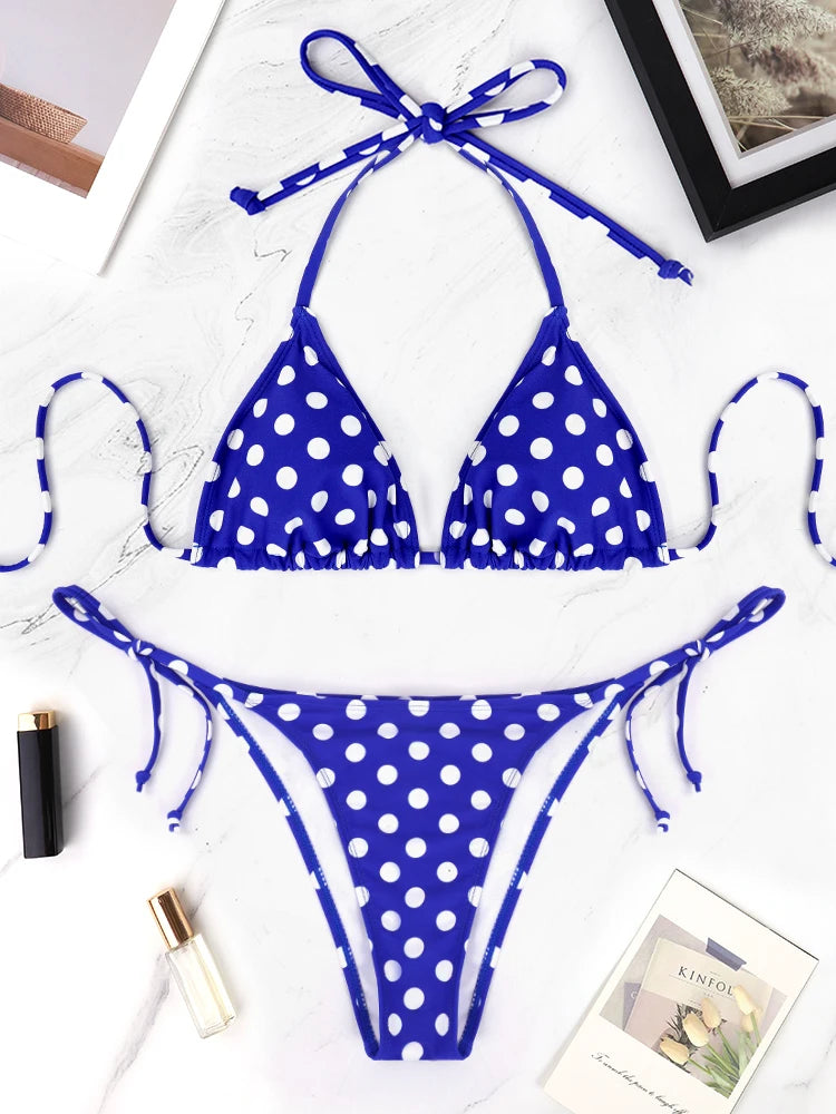 2 unids/set traje de baño de playa para mujer conjunto de Bikini verano azul y blanco patrón de lunares traje de baño vacaciones Casual conjunto de Bikini para mujer