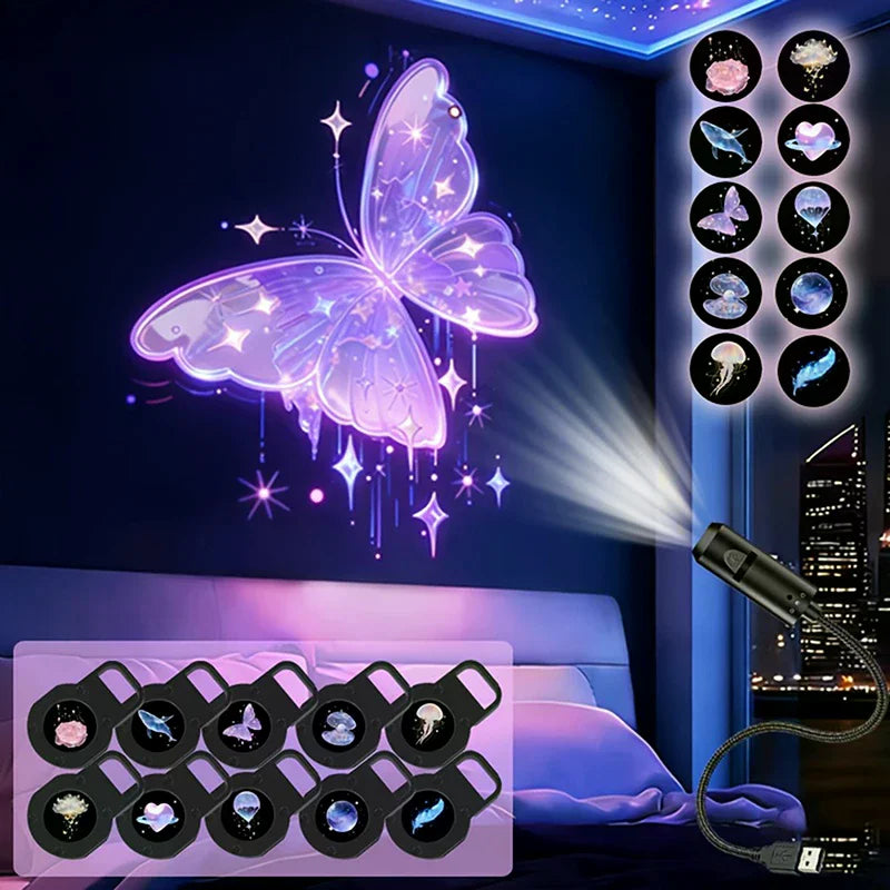 Luz proyectora LED USB con 10 patrones, rotación 360°, para interiores y jardín