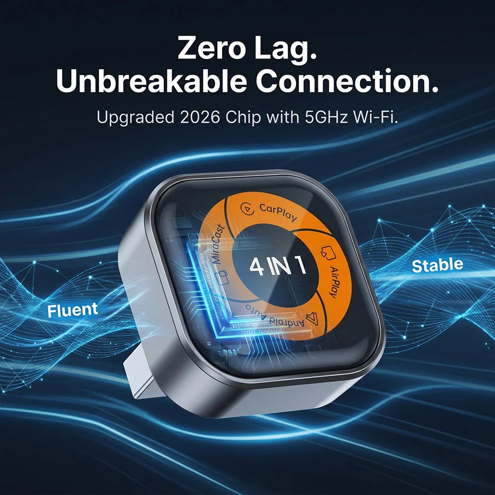 Adaptador Inalámbrico 4 en 1 para Apple CarPlay, Android Auto, AirPlay y MirrorLink, Conexión por Cable a Inalámbrica, USB C Mini, Plug and Play
