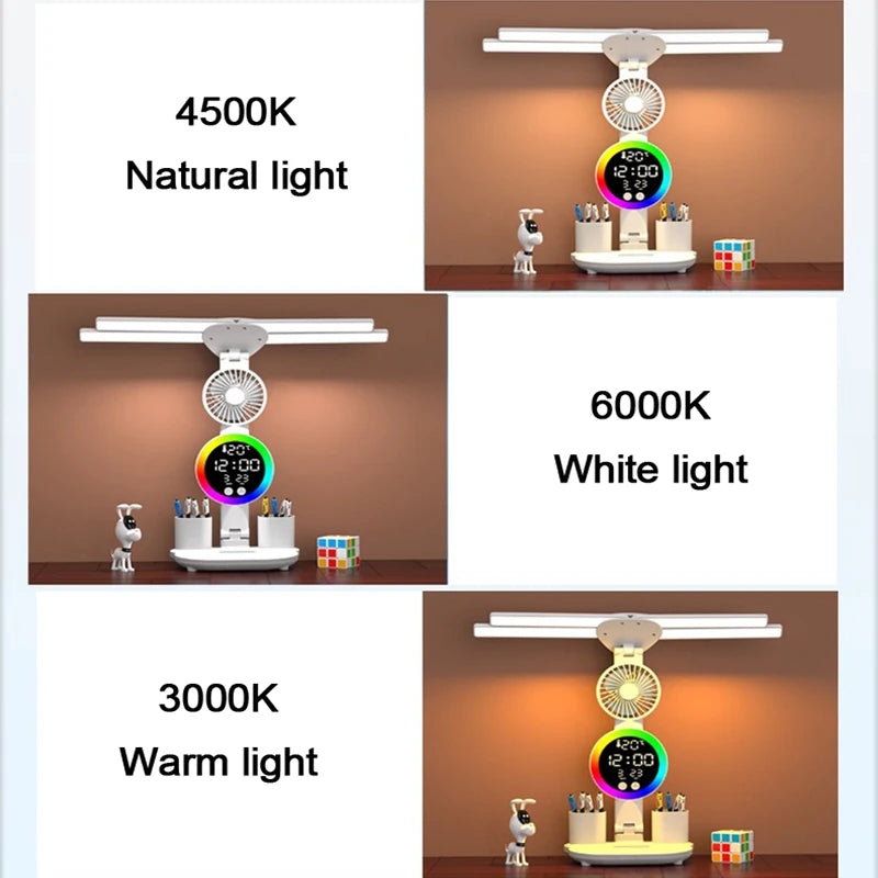 Lámpara de Mesa Recargable con Ventilador y Reloj LED