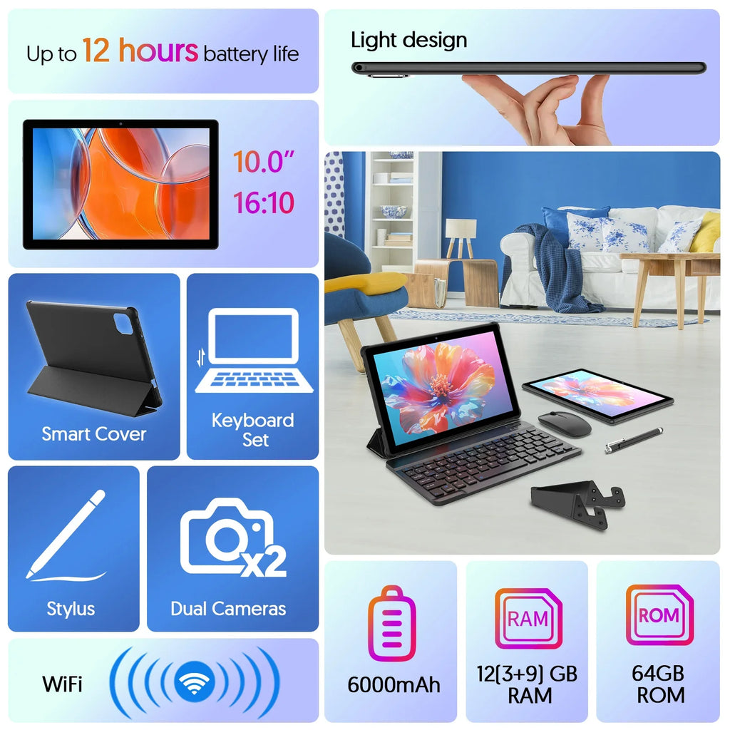 Modelo 2026 (Versión Mejorada) |   Tableta Android 16 de 10.1 Pulgadas |   Procesador de Cuatro Núcleos |   12GB (3GB + 9GB) de RAM + 64GB de ROM |   Wi-Fi 6