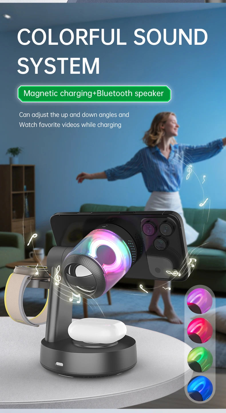 Altavoz Bluetooth QI2 de 25W 5.3 con Cargador Inalámbrico Magnético Rápido de 25W y Reloj Despertador para iPhone 17-12 Pro Max, Apple Watch y Airpods