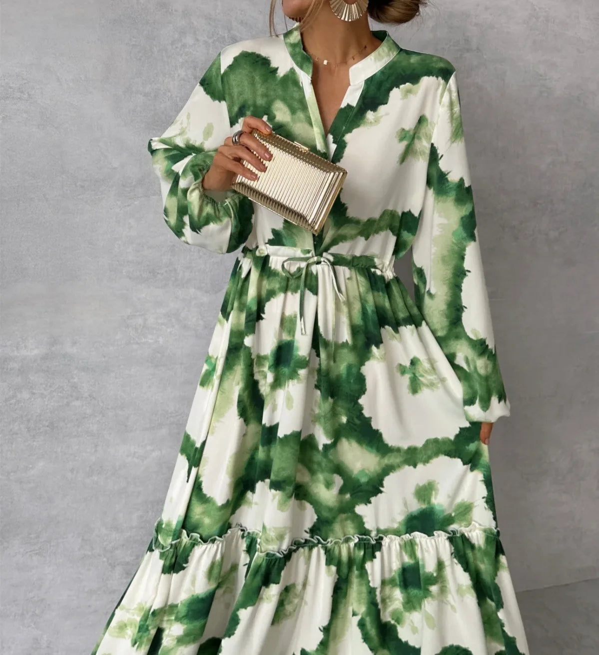 2024 verano elegante mujeres Maxi vestidos moda estampado verde manga larga cuello en V ajuste de cintura Vestido largo Mujer Vestido de fiesta