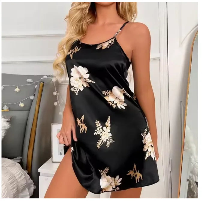 Camisón Sexy con estampado Floral para mujer, ropa de dormir de seda, color negro, para el hogar