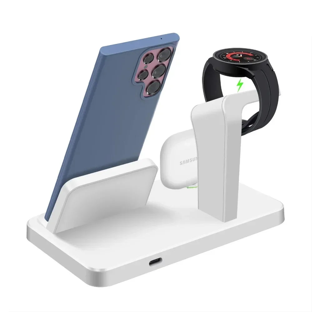 Base de Carga Inalámbrica 3 en 1 de 15W para Samsung S26 S25 S24 Galaxy Watch 8/7/6/5/4 Buds Pro4/3 con Puerto Tipo C, Estación de Carga Rápida