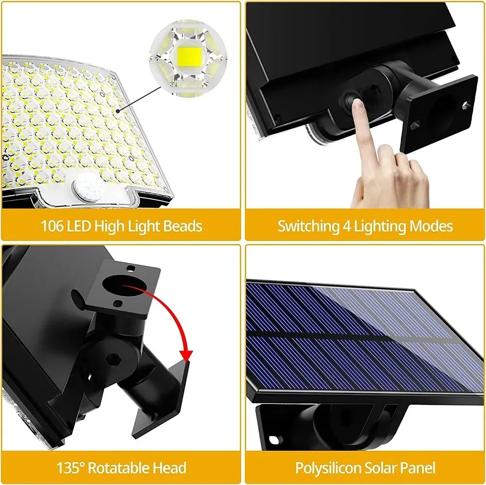 Lámpara Solar Dividida 106 LED con Sensor de Movimiento, 3 Modos IP65