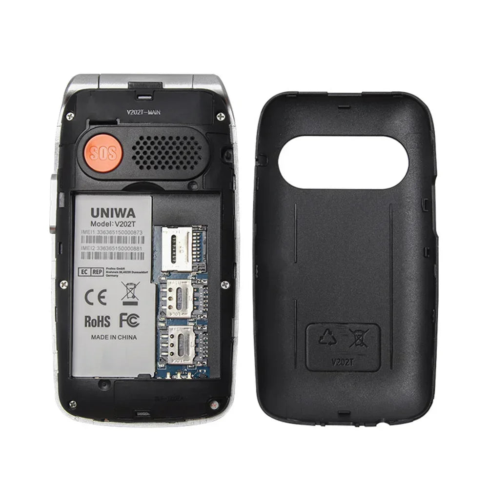 UNIWA V202T teléfono abatible pantalla Dual botón grande tarjetas SIM duales red 4G soporte para teléfono móvil base de carga para personas mayores