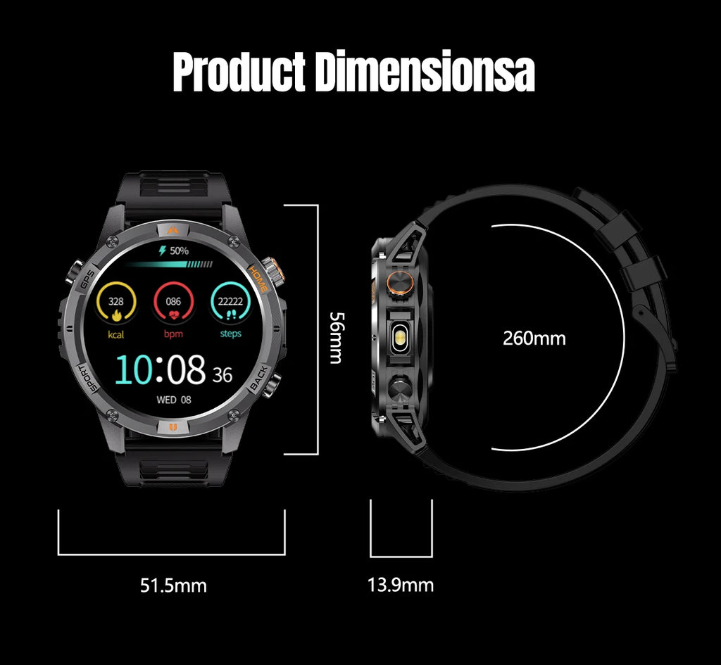 2026 nuevo reloj inteligente militar GPS para hombres construcción GPS linterna LED 10ATM impermeable ritmo cardíaco deporte BT llamada HD AMOLED Smartwatch