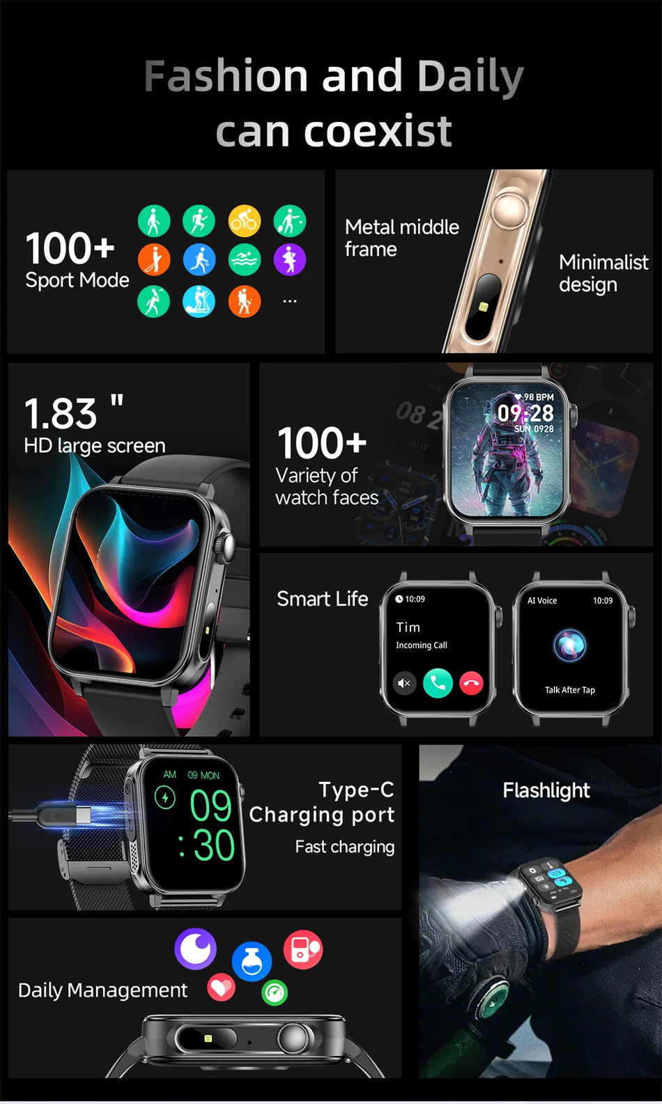Smartwatch LIGE con llamadas Bluetooth, monitor de salud y carga rápida tipo C