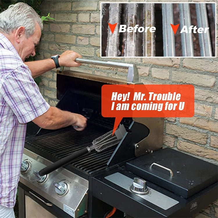 LMETJMA Cepillo y raspador seguro para parrilla con mango de lujo, cepillo limpiador para parrilla de 18 pulgadas, cepillo para parrilla con cerdas de acero inoxidable JT61