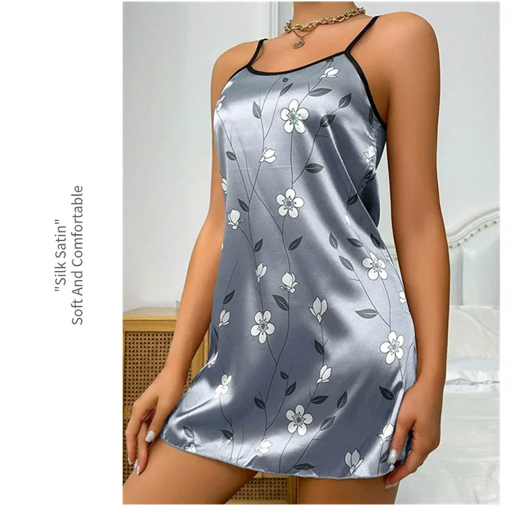 Ropa de dormir para mujer, camisón de satén con estampado Floral de verano, vestido de noche informal sin mangas con espalda descubierta, camisón Sexy, ropa para el hogar