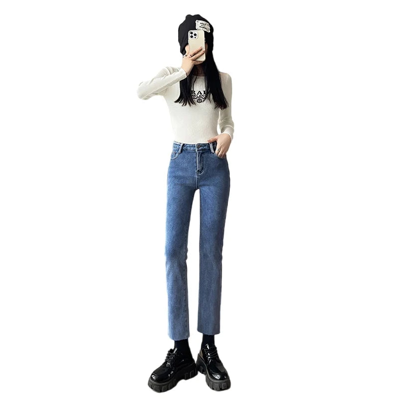 Pantalones Vaqueros Y2K con Forro Polar para Mujer, Cintura Alta, Pierna Recta