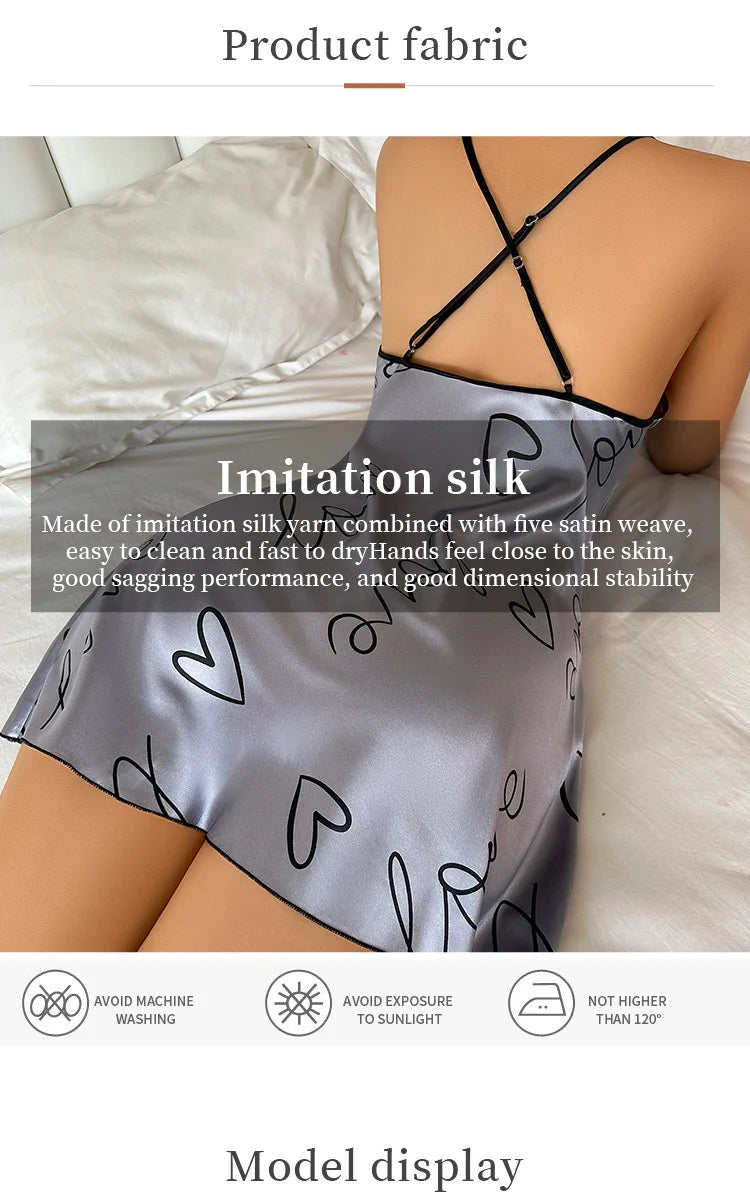 Camisón con estampado de corazón Vestido de dormir elegante con cuello redondo y espalda cruzada Ropa de dormir para mujer