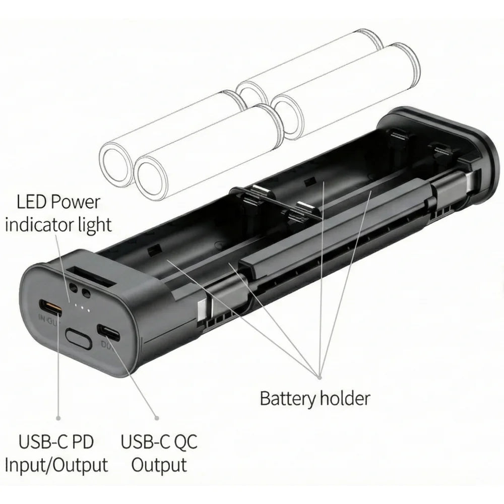 Cargador Rápido de Baterías Budi 18650, Banco de Energía PD de 20W con Herramienta de Extracción de Agujas y Almacenamiento para Tarjetas SIM/TF