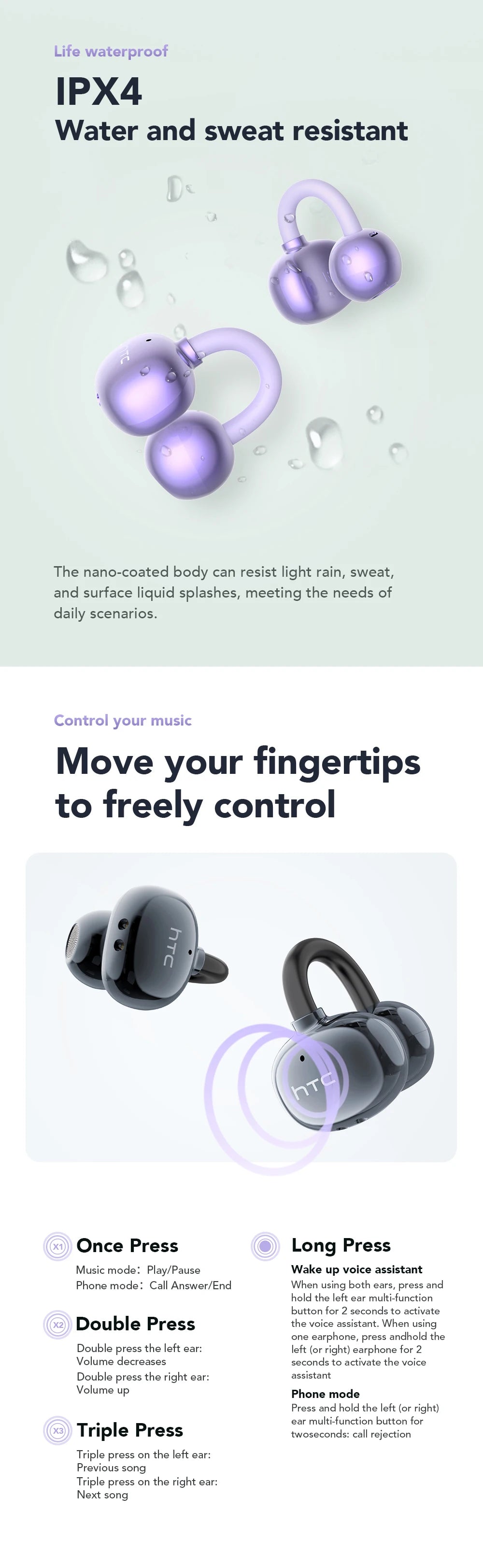 Auriculares Bluetooth HTC NE54 similares a NE32, auriculares inalámbricos con clip para la oreja, Bluetooth 6.0, pantalla táctil a color, sonido HiFi, conducción ósea