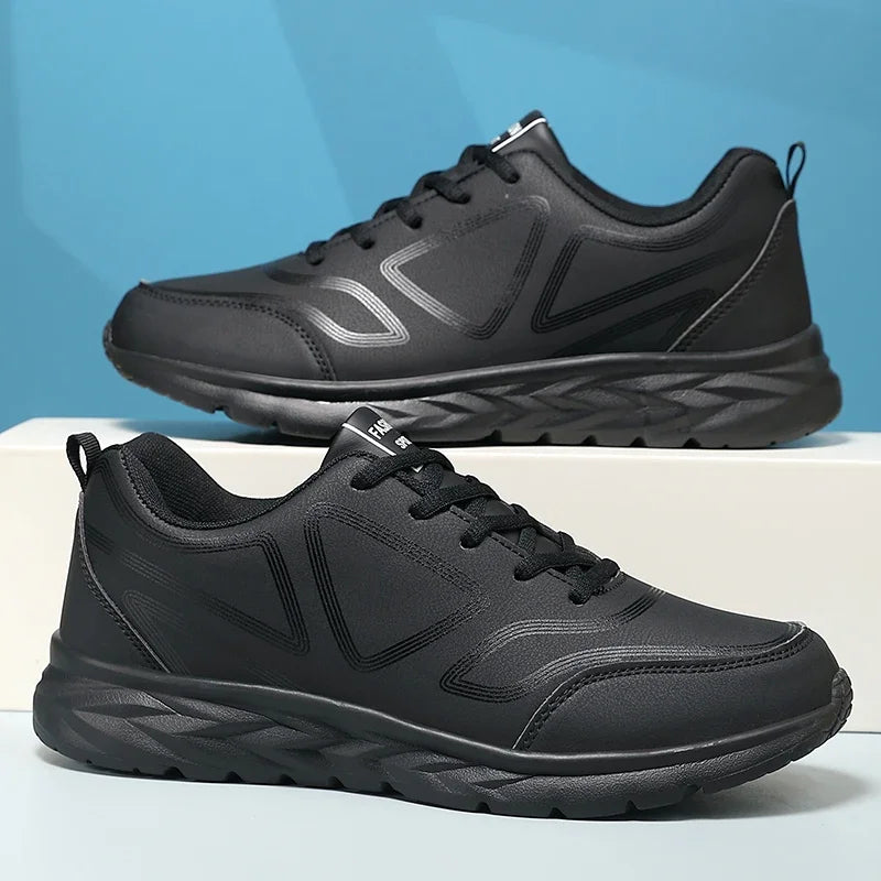 YRZL-Zapatillas deportivas impermeables de cuero para hombre, zapatos deportivos cómodos para caminar, resistentes al desgaste, color negro