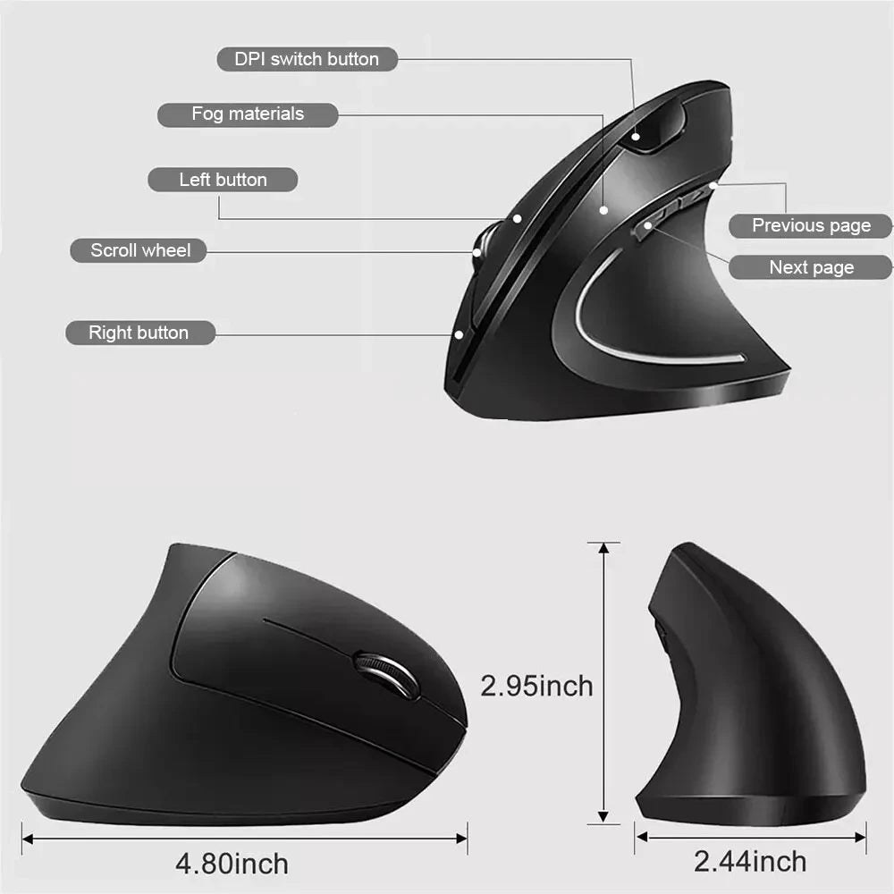 Ratón Vertical Ergonómico Inalámbrico de 2.4GHz HOMEFISH, Ratón Óptico con 3 DPI Ajustables 800/1200/1600 y 6 Botones para Computadora Portátil y PC