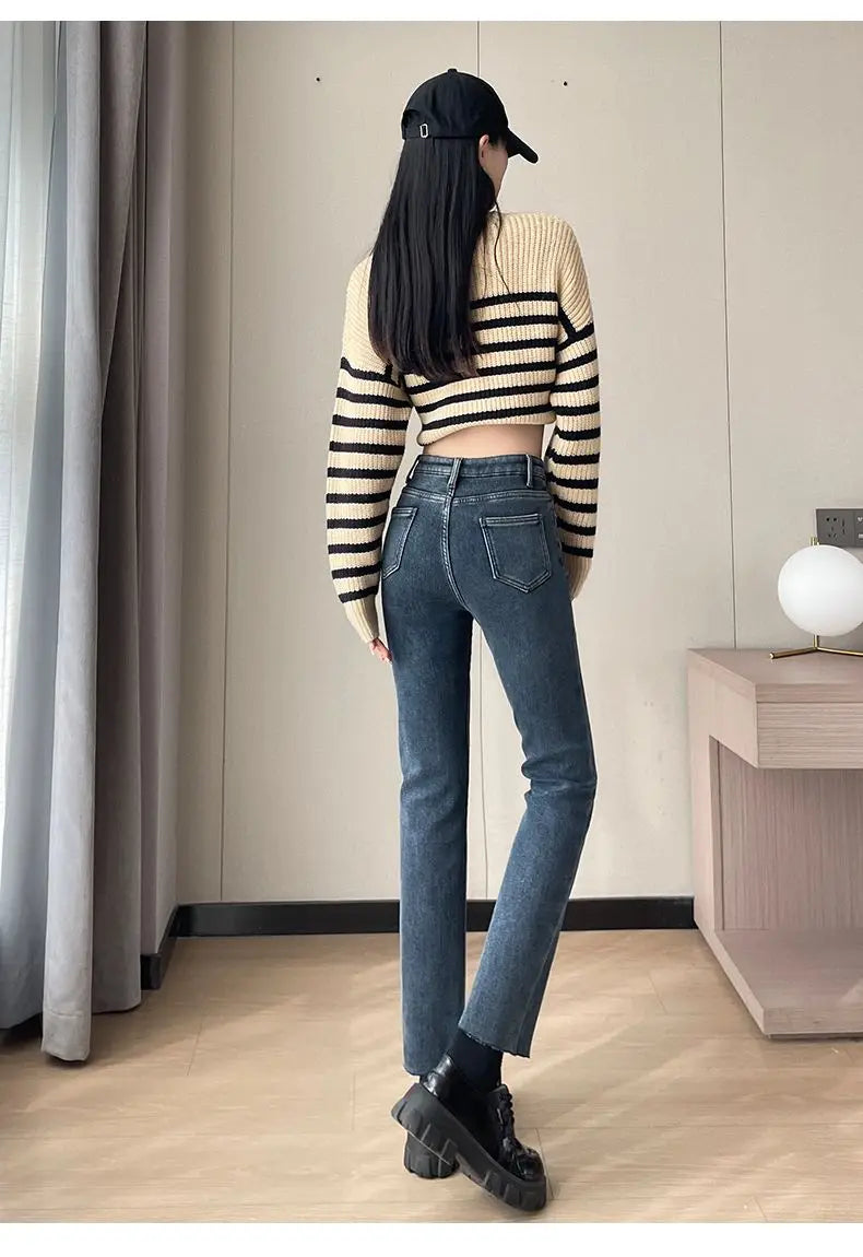 Pantalones Vaqueros Y2K con Forro Polar para Mujer, Cintura Alta, Pierna Recta