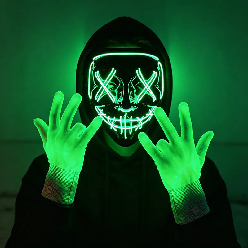 Máscara LED inalámbrica de neón y guantes de fibra óptica, máscara brillante en la oscuridad para Halloween, carnaval, cosplay, bar, fiesta de cumpleaños