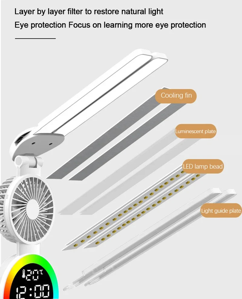 Lámpara de mesa Led para estudio, lámpara de escritorio, luz de lectura, luz nocturna Led con ventilador, reloj Led, pantalla, luz de escritorio de lectura