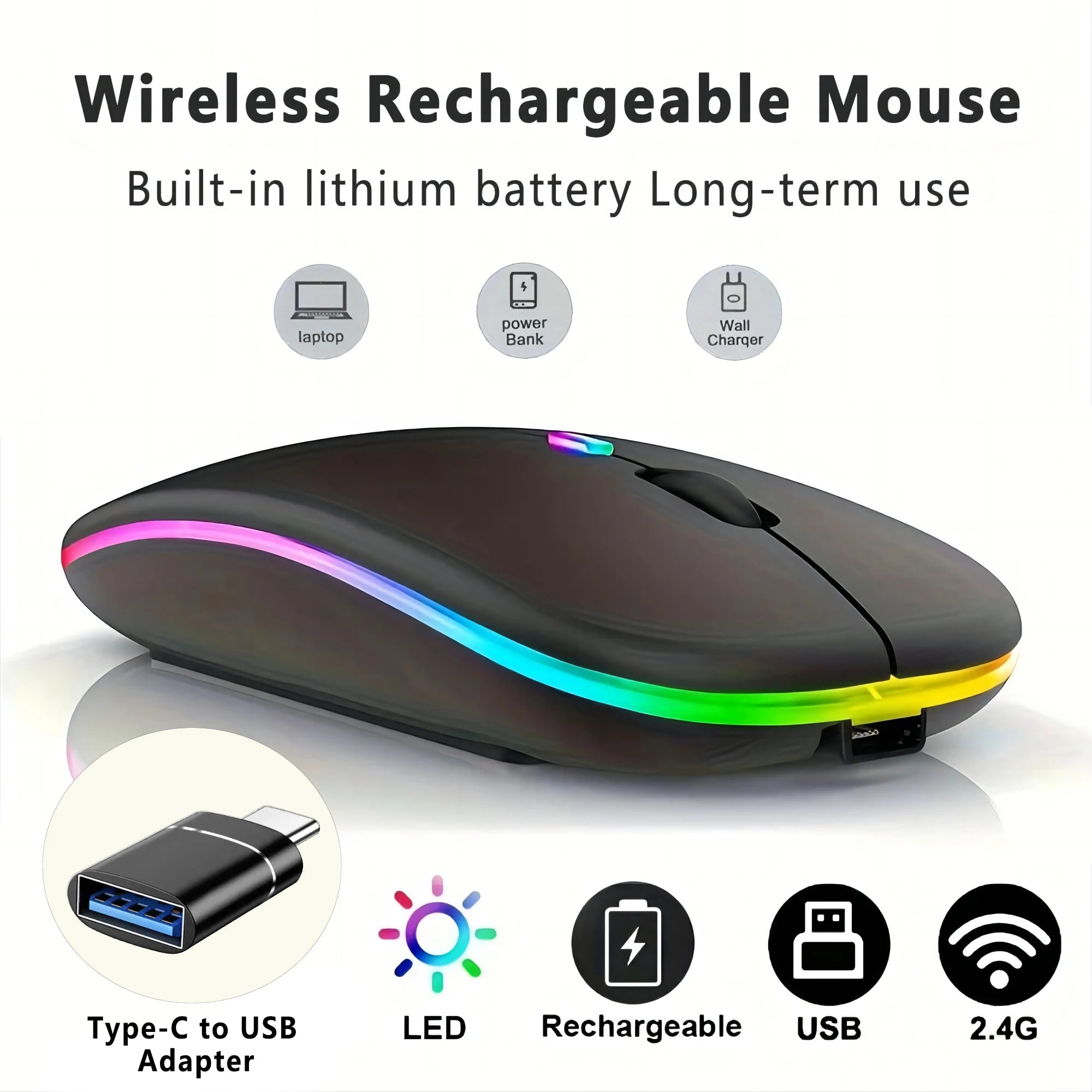 Ratón inalámbrico recargable con retroiluminación LED Bluetooth con adaptador tipo C ratón para juegos adecuado para MAC/portátil/PC/Windows