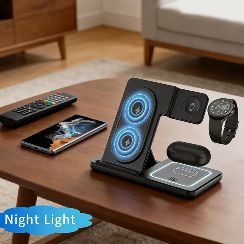 Cargador Inalámbrico 3 en 1 Plegable con LED, Estación de Carga Rápida para Samsung S25 S24 Galaxy Watch 2-8 Active Buds Pro
