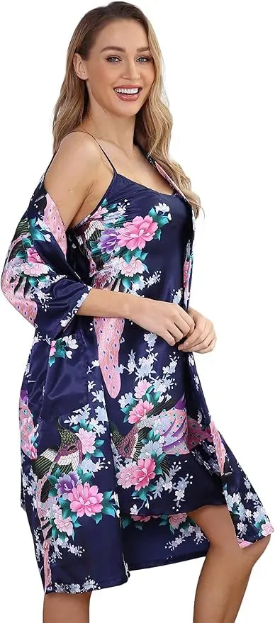 Conjunto de camisón y kimono de satén floral para mujer con camisola, ropa de dormir de 2 piezas, albornoz de pavo real