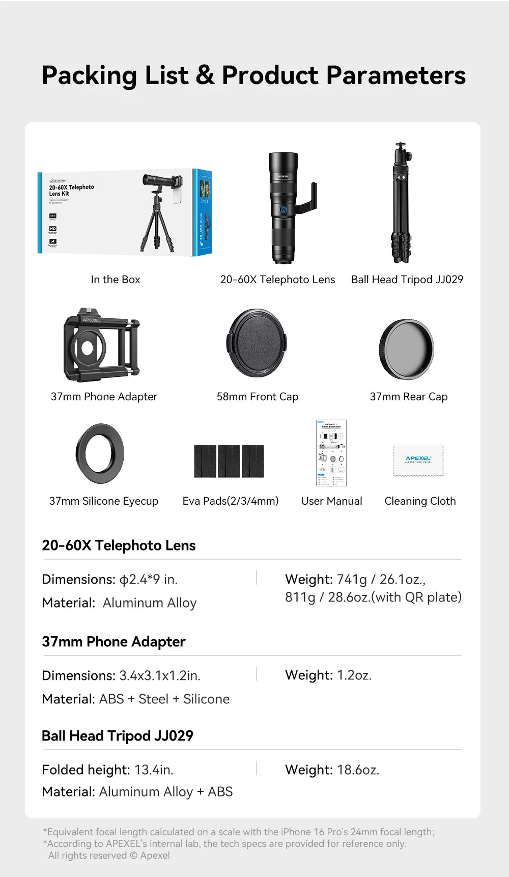 Lente Teleobjetivo Zoom 20-60x APEXEL para Smartphone con Trípode