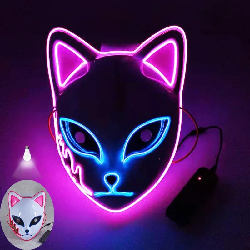 1 máscara facial Led brillante Demon Slayer, accesorio de Cosplay de Anime, cara de gato, zorro, Halloween, luz fría, máscara intermitente, disfraz de fiesta