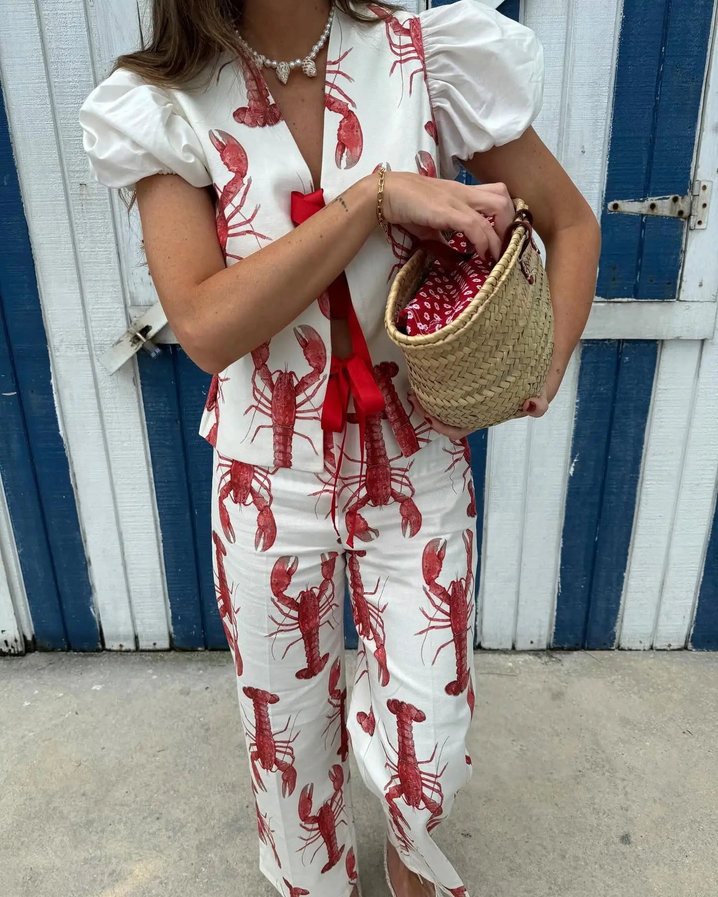 Conjunto de pantalones largos con estampado de crayón de dibujos animados para mujer, camisa de manga corta de verano, pantalón de pierna ancha de cintura alta, conjuntos de 2 piezas, trajes para mujer 2024