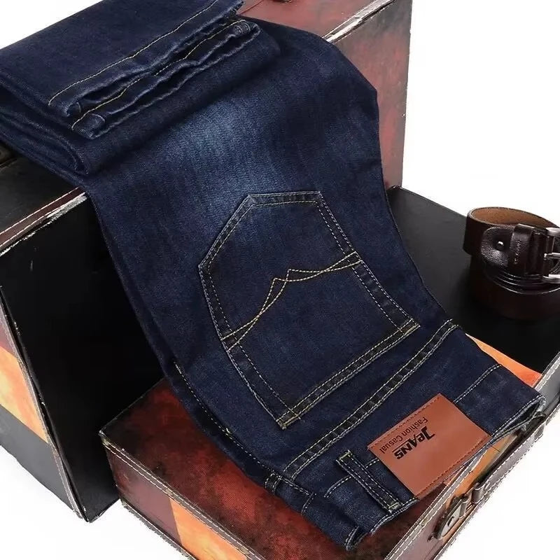 Pantalones Vaqueros de Negocios para Hombre, Ajustados Elásticos, Negro y Azul