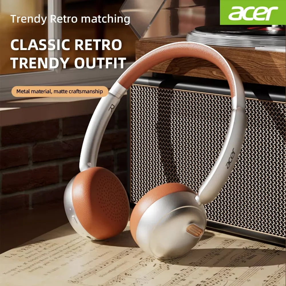 Auriculares Bluetooth Acer OHW111, Estilo Retro, Inalámbricos, Bluetooth 5.4, HIFI Estéreo, para Gamers, 70 Horas de Reproducción